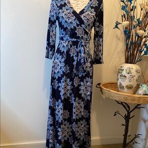 Blue Moroccan print Wrap Front Maxi Dress - V-Neck  3/4 sleeves by Love Kuta